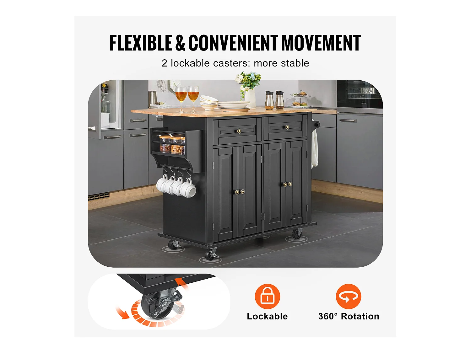 Ilha de cozinha com gavetas, móvel de arrumação para cozinha, carrinho com gavetas e prateleiras, 90 cm, preto