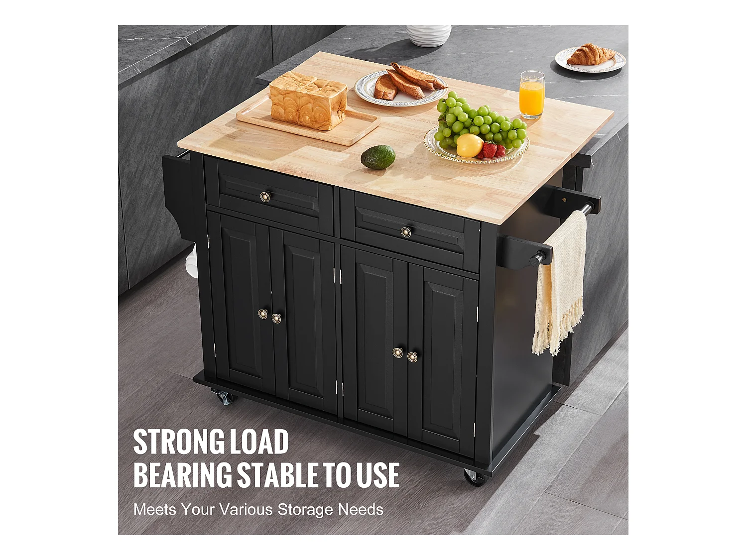 Ilha de cozinha com gavetas, móvel de arrumação para cozinha, carrinho com gavetas e prateleiras, 90 cm, preto