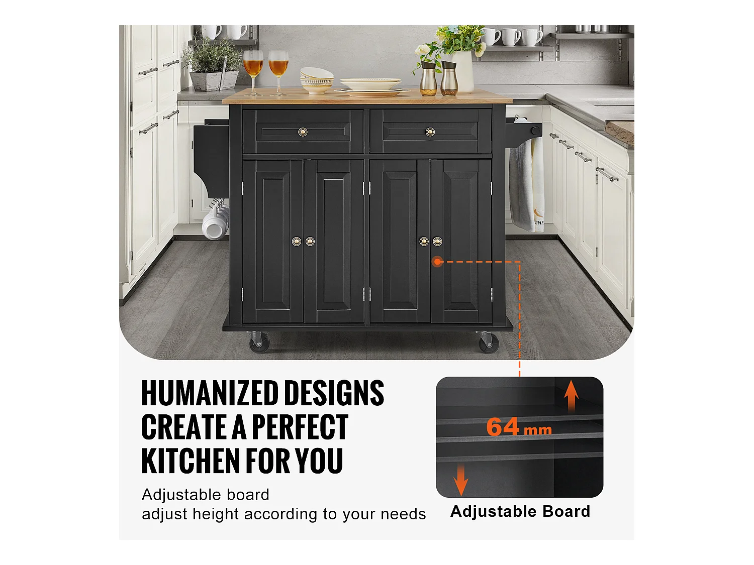 Ilha de cozinha com gavetas, móvel de arrumação para cozinha, carrinho com gavetas e prateleiras, 90 cm, preto