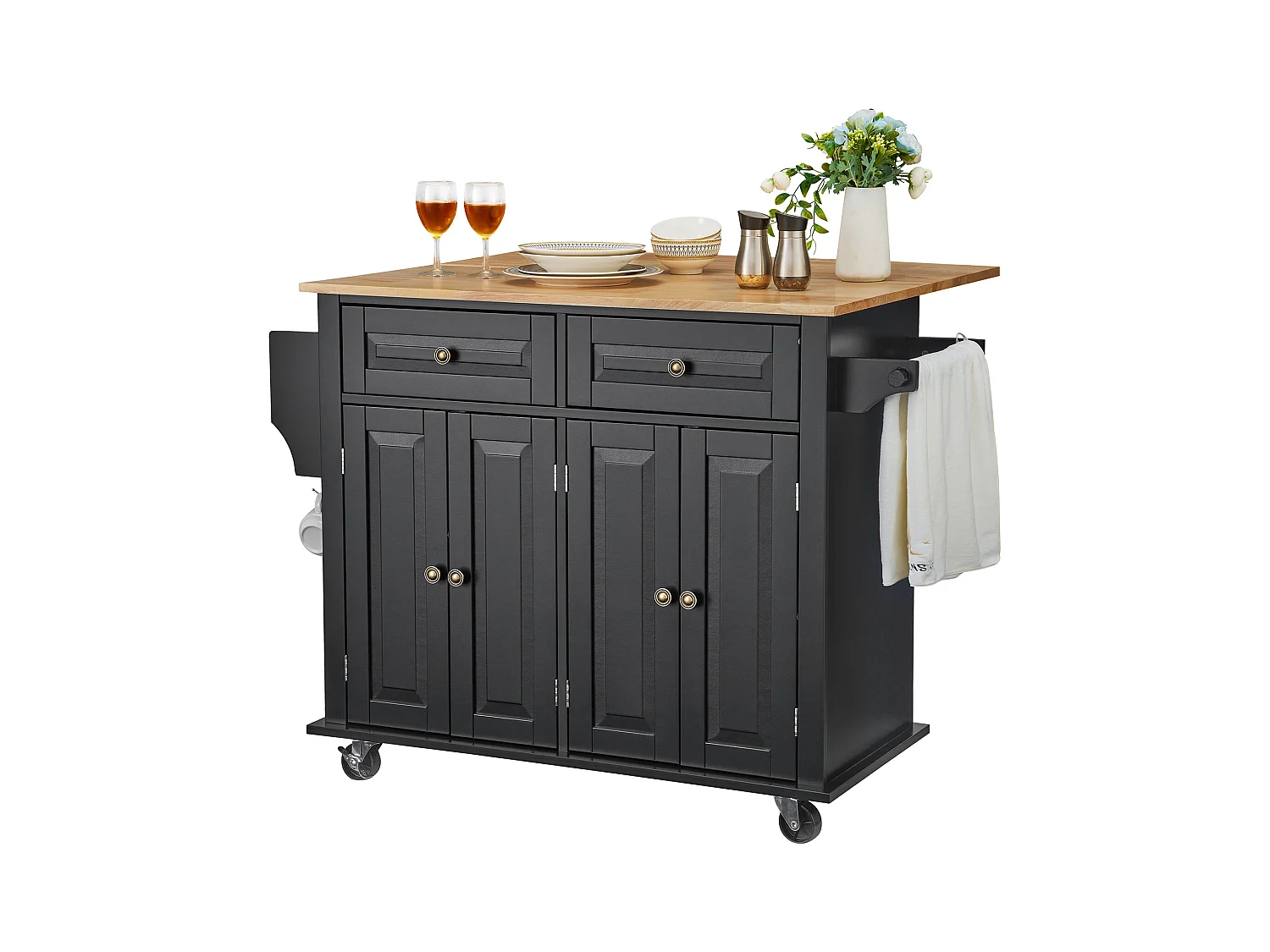 Ilha de cozinha com gavetas, móvel de arrumação para cozinha, carrinho com gavetas e prateleiras, 90 cm, preto