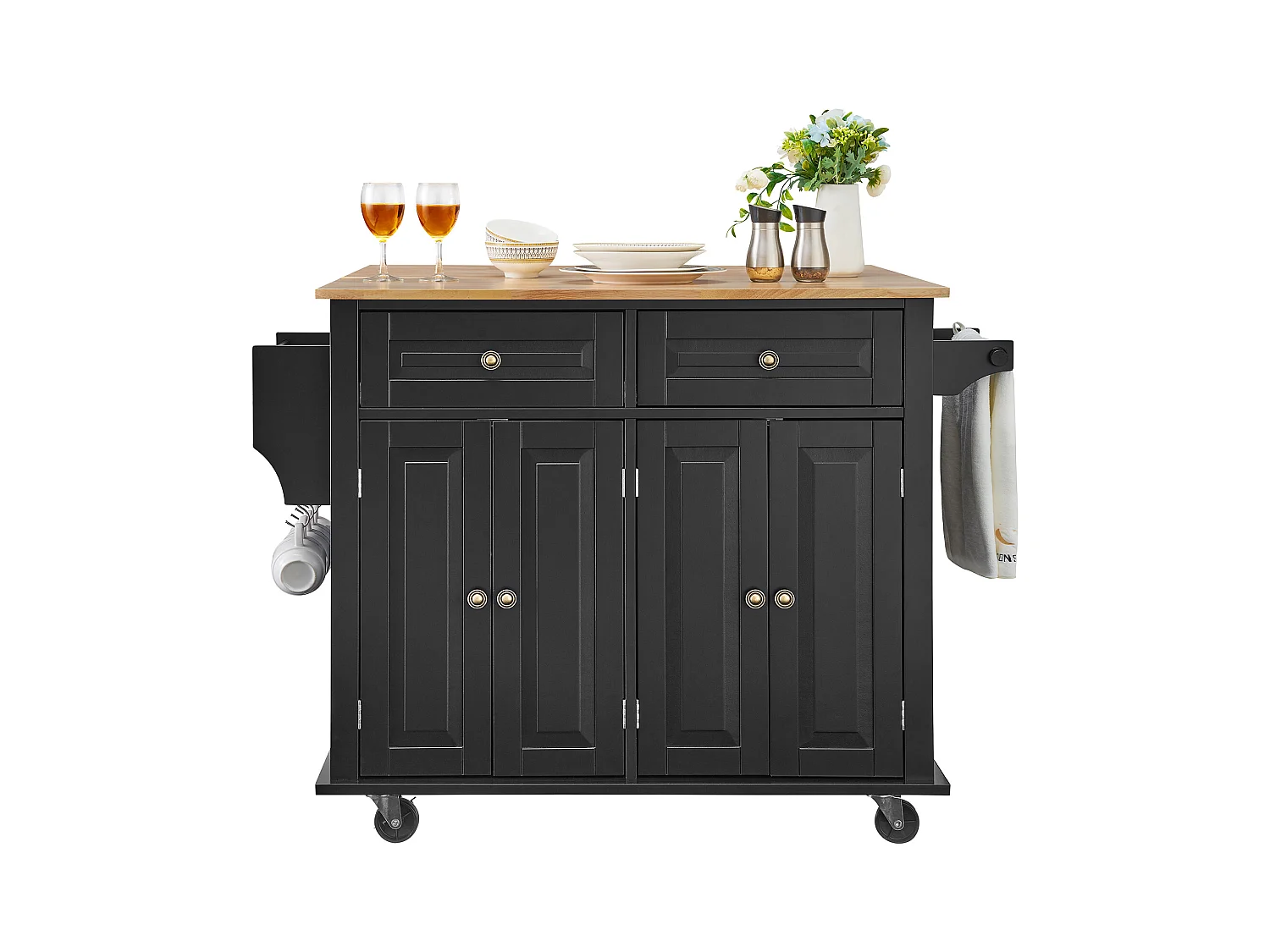 Ilha de cozinha com gavetas, móvel de arrumação para cozinha, carrinho com gavetas e prateleiras, 90 cm, preto