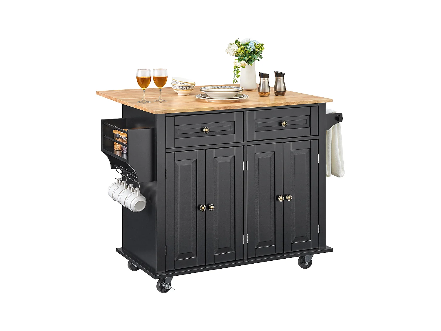 Ilha de cozinha com gavetas, móvel de arrumação para cozinha, carrinho com gavetas e prateleiras, 90 cm, preto