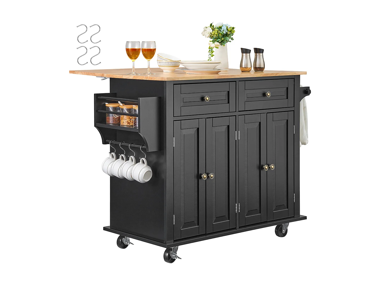 Ilot central de cuisine avec tiroirs, Meuble de Rangement de Cuisine, Roulant Cart avec Tiroir et Étagères, 90 cm, Noir