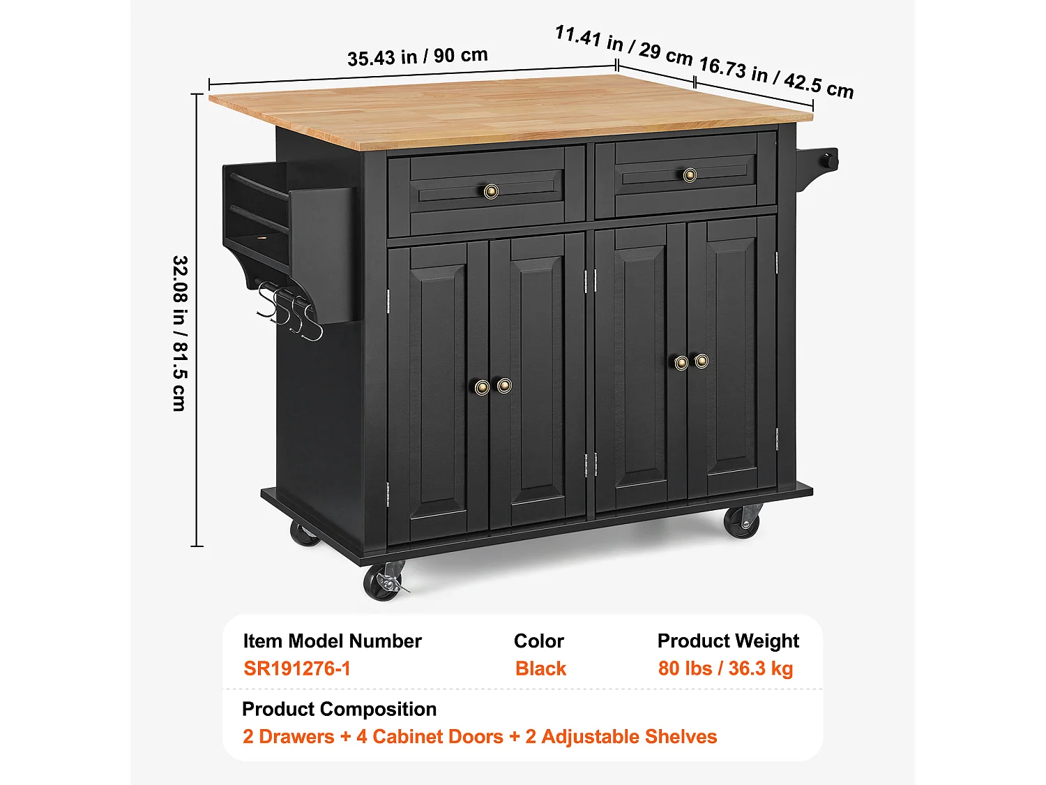 Ilot central de cuisine avec tiroirs, Meuble de Rangement de Cuisine, Roulant Cart avec Tiroir et Étagères, 90 cm, Noir