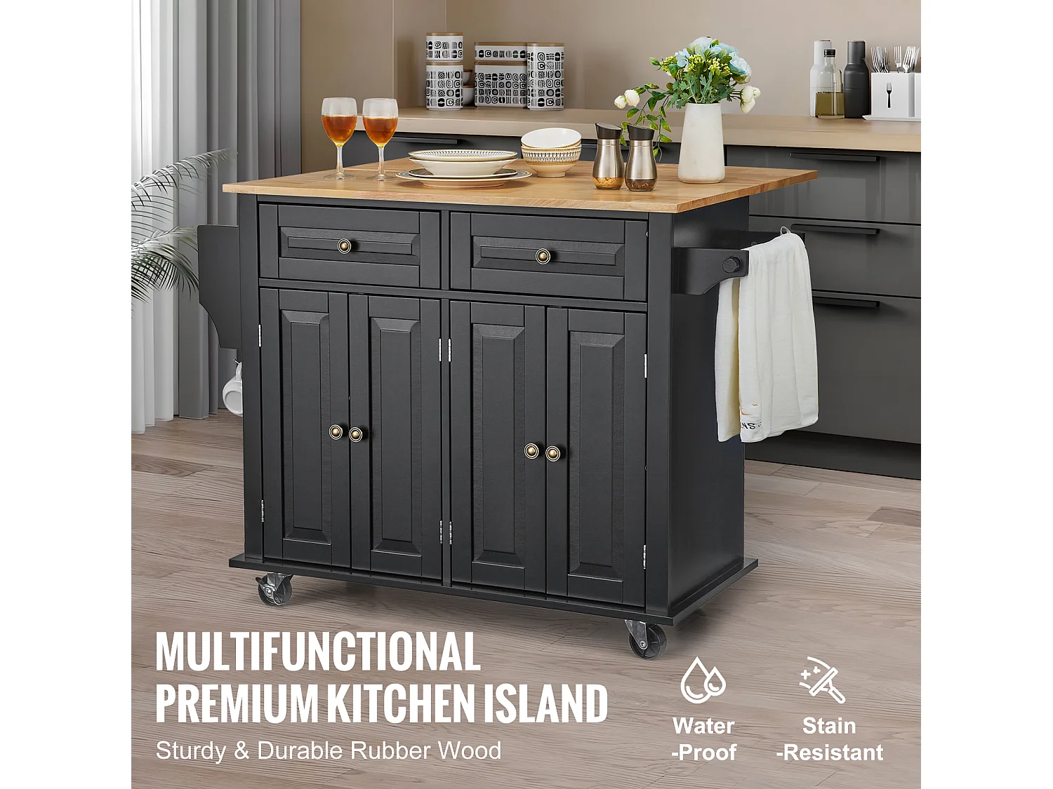 Ilot central de cuisine avec tiroirs, Meuble de Rangement de Cuisine, Roulant Cart avec Tiroir et Étagères, 90 cm, Noir