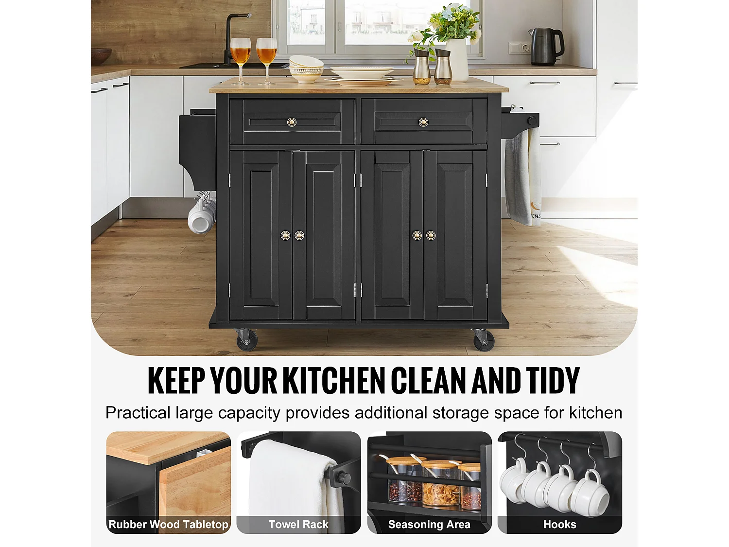 Ilot central de cuisine avec tiroirs, Meuble de Rangement de Cuisine, Roulant Cart avec Tiroir et Étagères, 90 cm, Noir