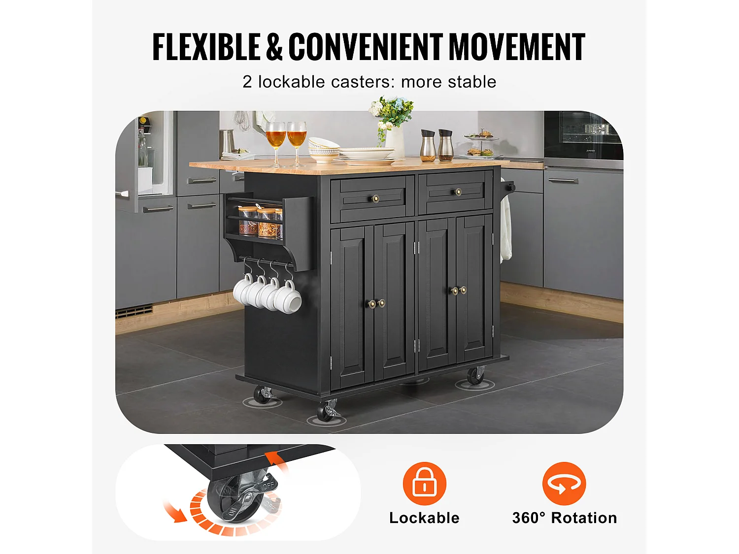 Ilot central de cuisine avec tiroirs, Meuble de Rangement de Cuisine, Roulant Cart avec Tiroir et Étagères, 90 cm, Noir