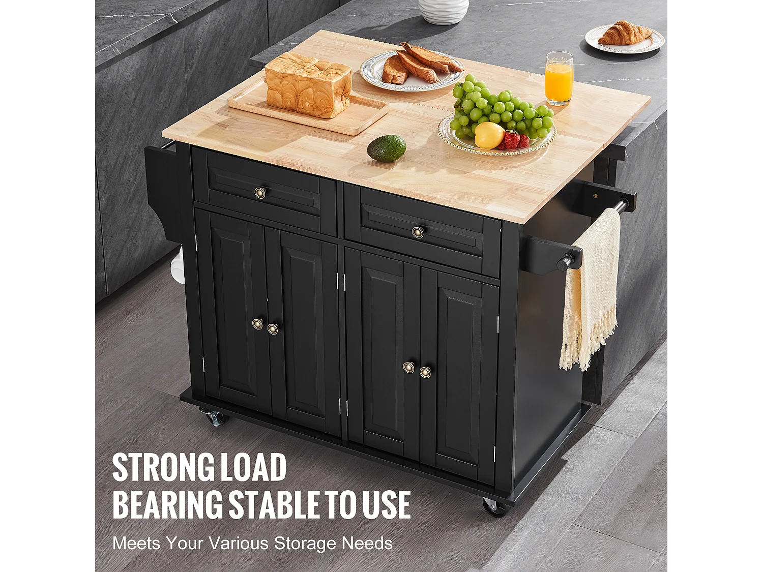 Ilot central de cuisine avec tiroirs, Meuble de Rangement de Cuisine, Roulant Cart avec Tiroir et Étagères, 90 cm, Noir