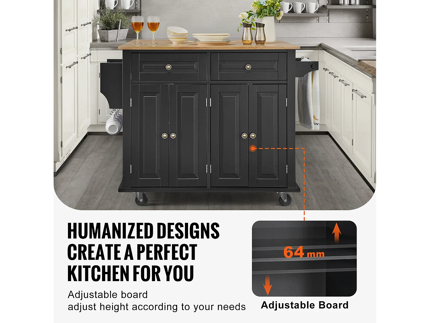 Ilot central de cuisine avec tiroirs, Meuble de Rangement de Cuisine, Roulant Cart avec Tiroir et Étagères, 90 cm, Noir