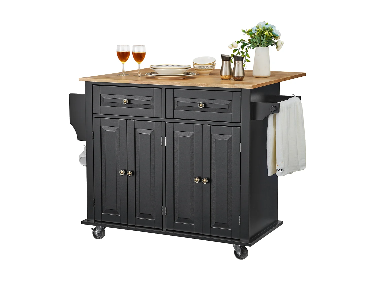Ilot central de cuisine avec tiroirs, Meuble de Rangement de Cuisine, Roulant Cart avec Tiroir et Étagères, 90 cm, Noir