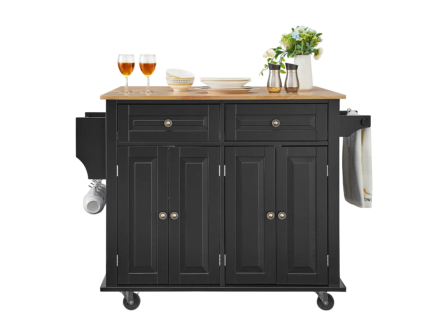 Ilot central de cuisine avec tiroirs, Meuble de Rangement de Cuisine, Roulant Cart avec Tiroir et Étagères, 90 cm, Noir