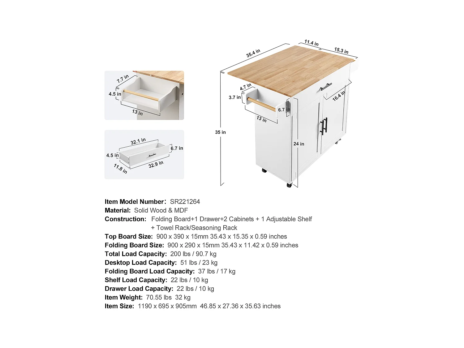 Ilot central SucceBuy Chariot pour Îlot de Cuisine de 89.9CM, Armoire de Rangement Roulante avec Tiroir et Support, Blanc