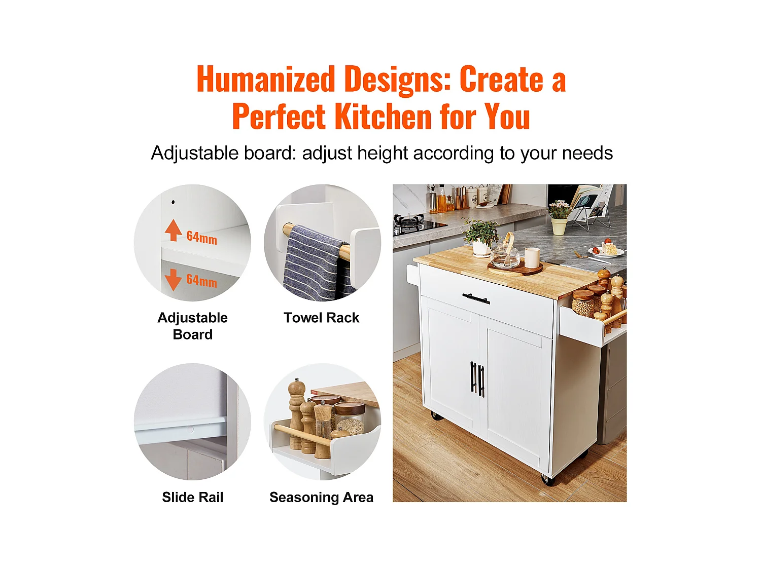 Ilot central SucceBuy Chariot pour Îlot de Cuisine de 89.9CM, Armoire de Rangement Roulante avec Tiroir et Support, Blanc