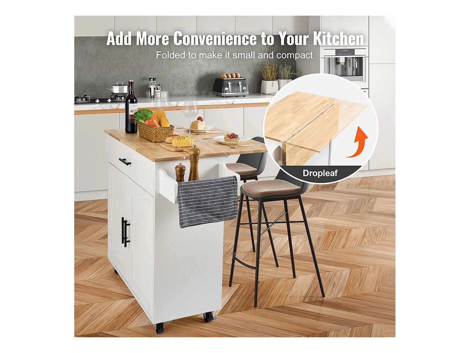 Ilot central SucceBuy Chariot pour Îlot de Cuisine de 89.9CM, Armoire de Rangement Roulante avec Tiroir et Support, Blanc