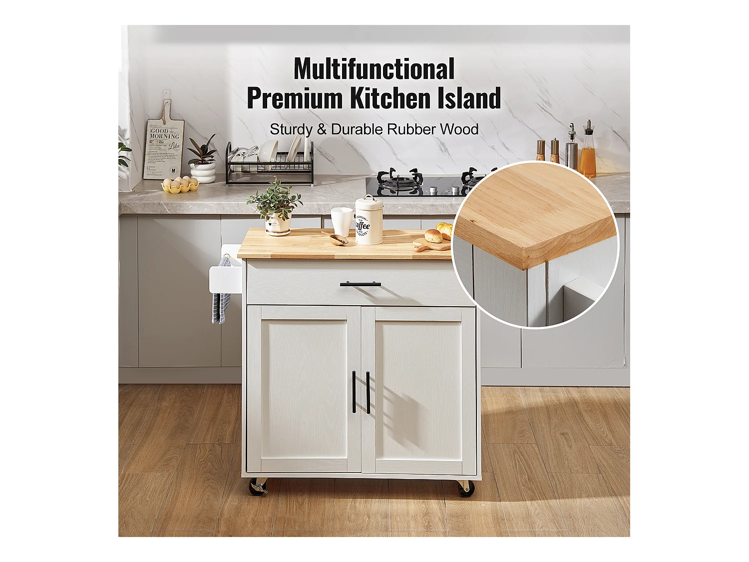 Ilot central SucceBuy Chariot pour Îlot de Cuisine de 89.9CM, Armoire de Rangement Roulante avec Tiroir et Support, Blanc