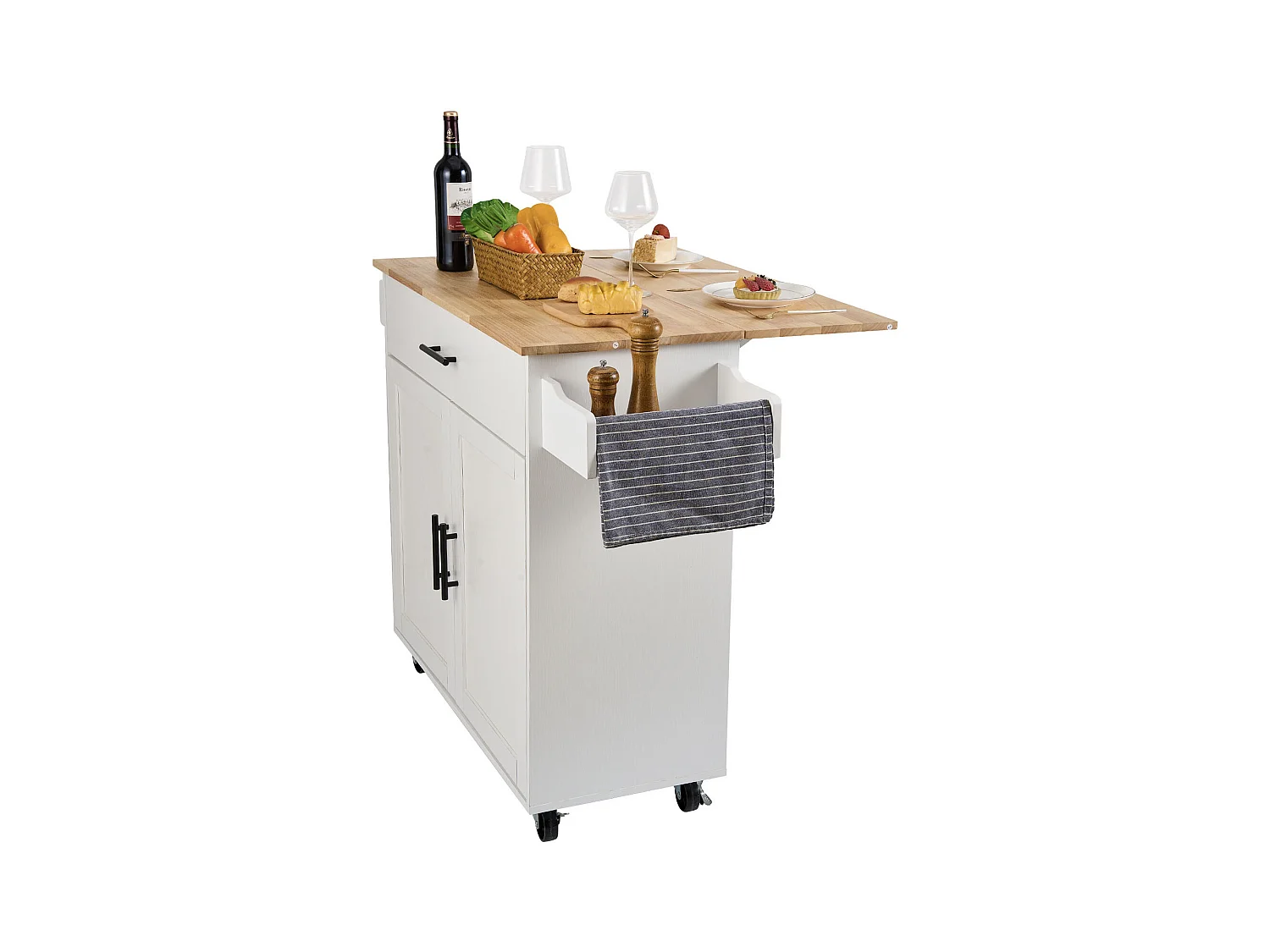 Ilot central SucceBuy Chariot pour Îlot de Cuisine de 89.9CM, Armoire de Rangement Roulante avec Tiroir et Support, Blanc