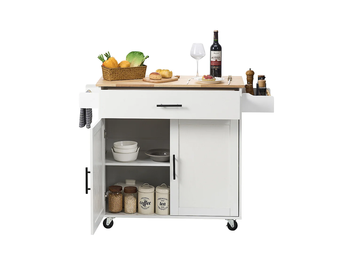 Ilot central SucceBuy Chariot pour Îlot de Cuisine de 89.9CM, Armoire de Rangement Roulante avec Tiroir et Support, Blanc