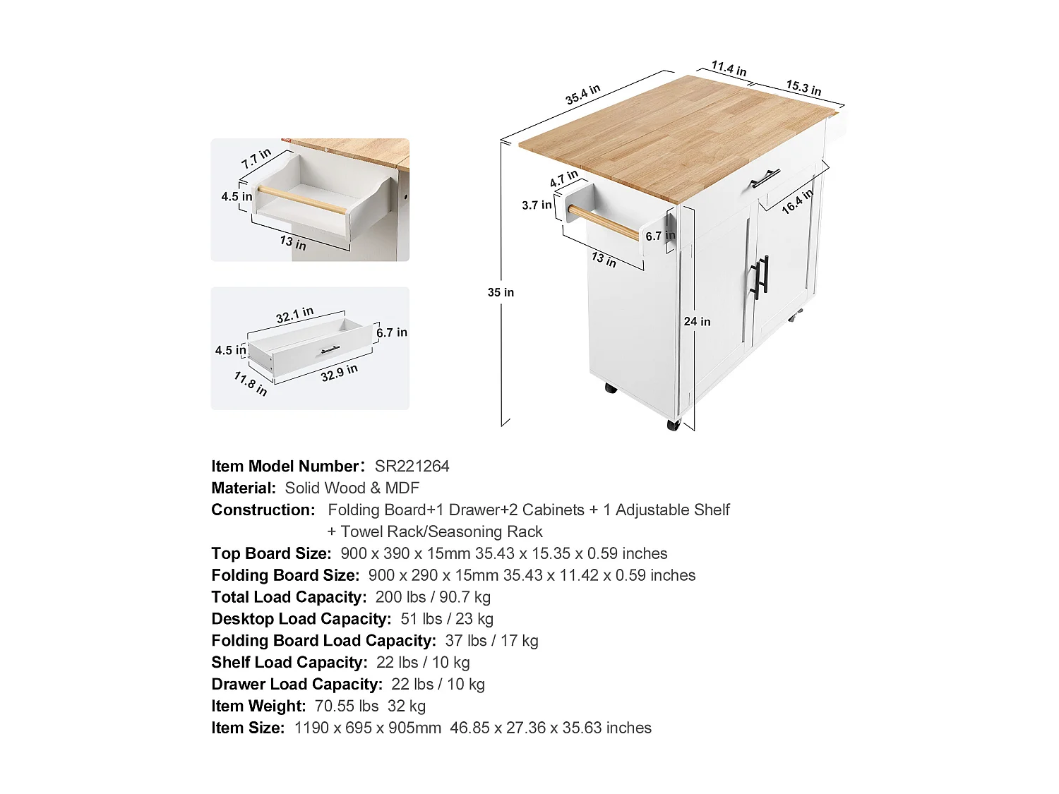 Ilot central SucceBuy Chariot pour Îlot de Cuisine de 89.9CM, Armoire de Rangement Roulante avec Tiroir et Support, Blanc