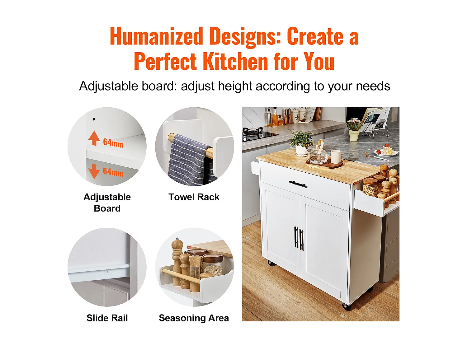 Ilot central SucceBuy Chariot pour Îlot de Cuisine de 89.9CM, Armoire de Rangement Roulante avec Tiroir et Support, Blanc