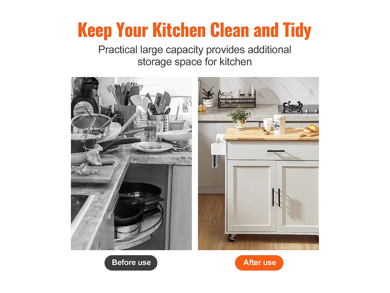 Ilot central SucceBuy Chariot pour Îlot de Cuisine de 89.9CM, Armoire de Rangement Roulante avec Tiroir et Support, Blanc