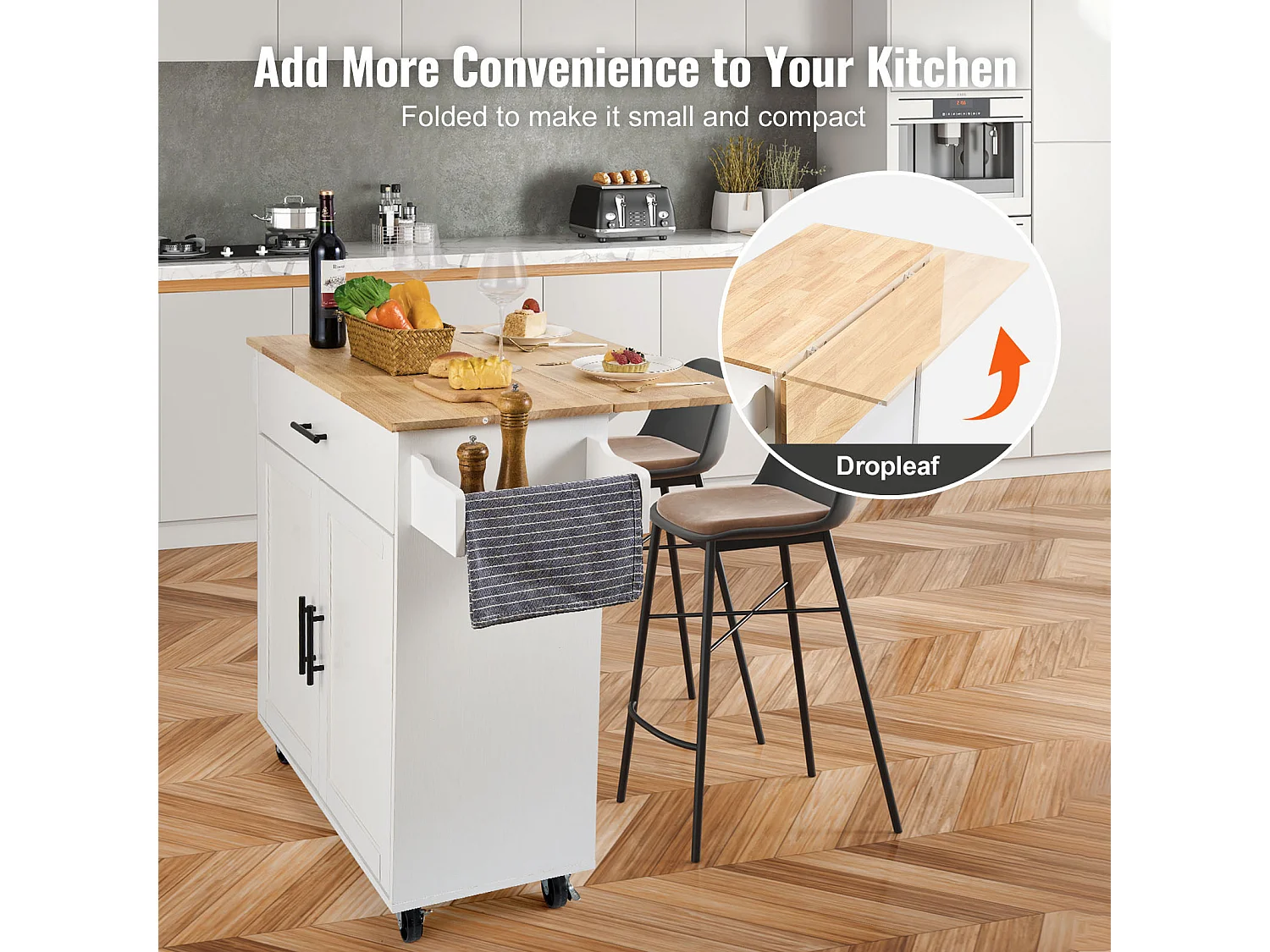 Ilot central SucceBuy Chariot pour Îlot de Cuisine de 89.9CM, Armoire de Rangement Roulante avec Tiroir et Support, Blanc