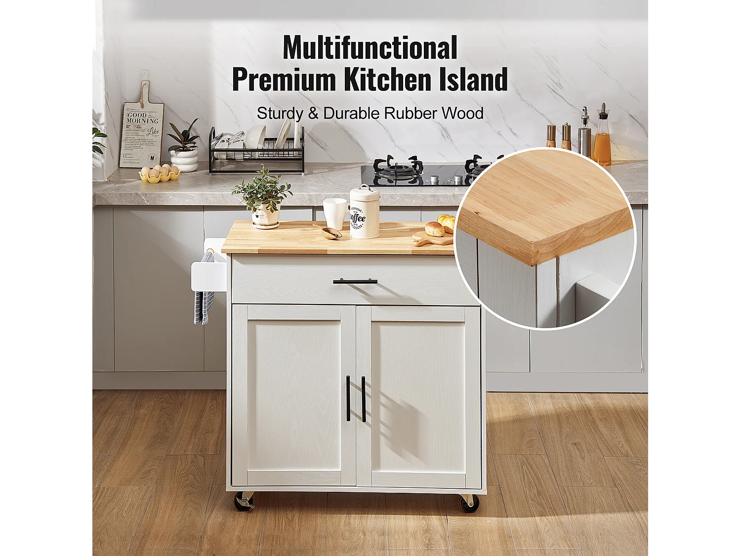 Ilot central SucceBuy Chariot pour Îlot de Cuisine de 89.9CM, Armoire de Rangement Roulante avec Tiroir et Support, Blanc