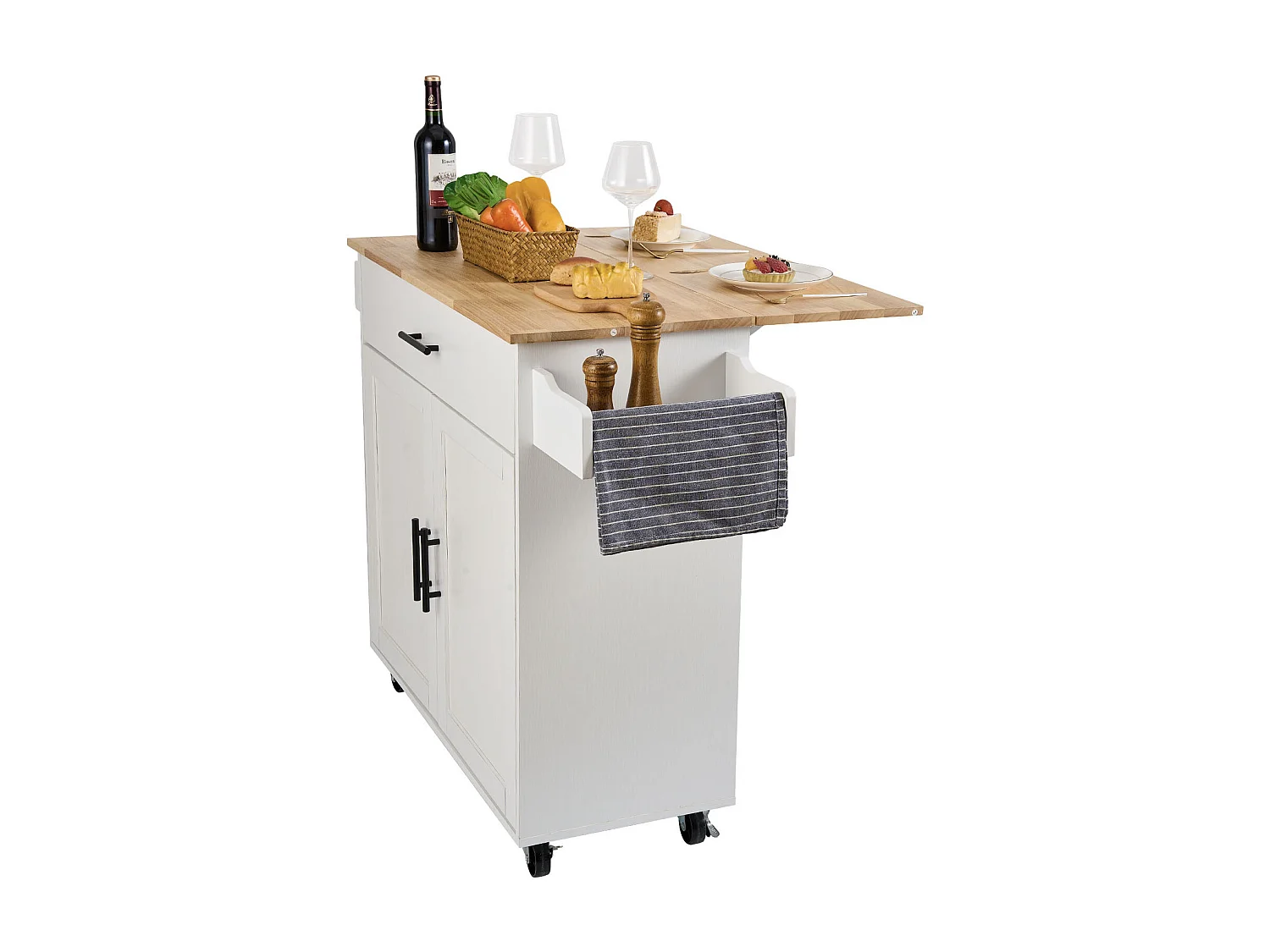 Ilot central SucceBuy Chariot pour Îlot de Cuisine de 89.9CM, Armoire de Rangement Roulante avec Tiroir et Support, Blanc
