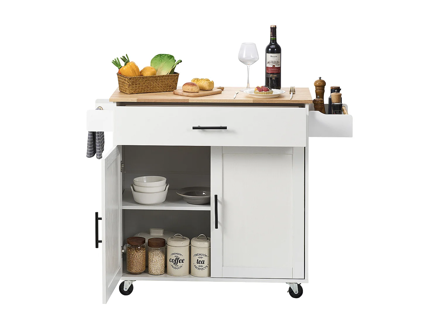 Ilot central SucceBuy Chariot pour Îlot de Cuisine de 89.9CM, Armoire de Rangement Roulante avec Tiroir et Support, Blanc