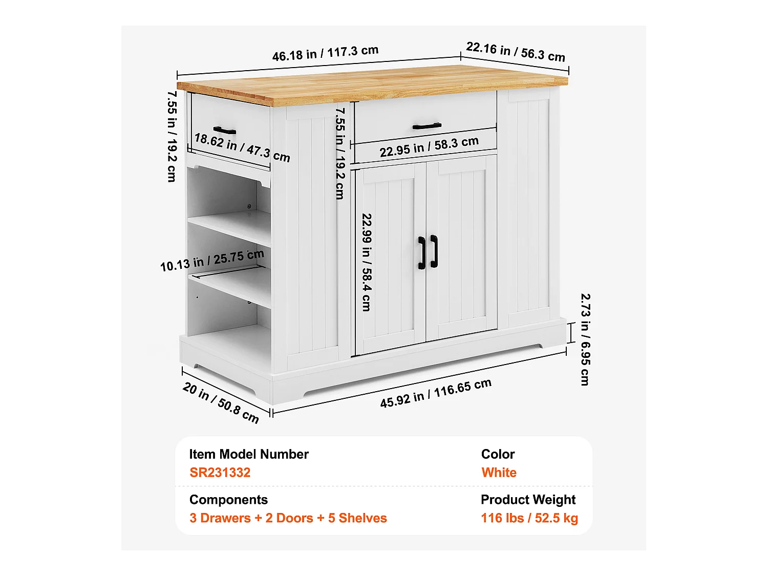 Ilot central de cuisine, Cabinet de Rangement avec Tiroir et Étagères, Blanc