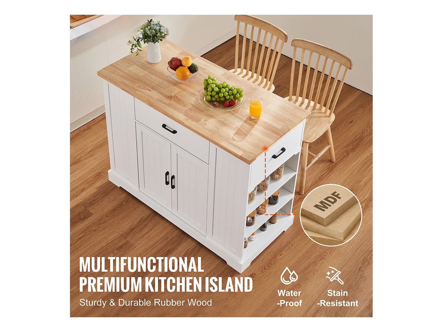 Ilot central de cuisine, Cabinet de Rangement avec Tiroir et Étagères, Blanc