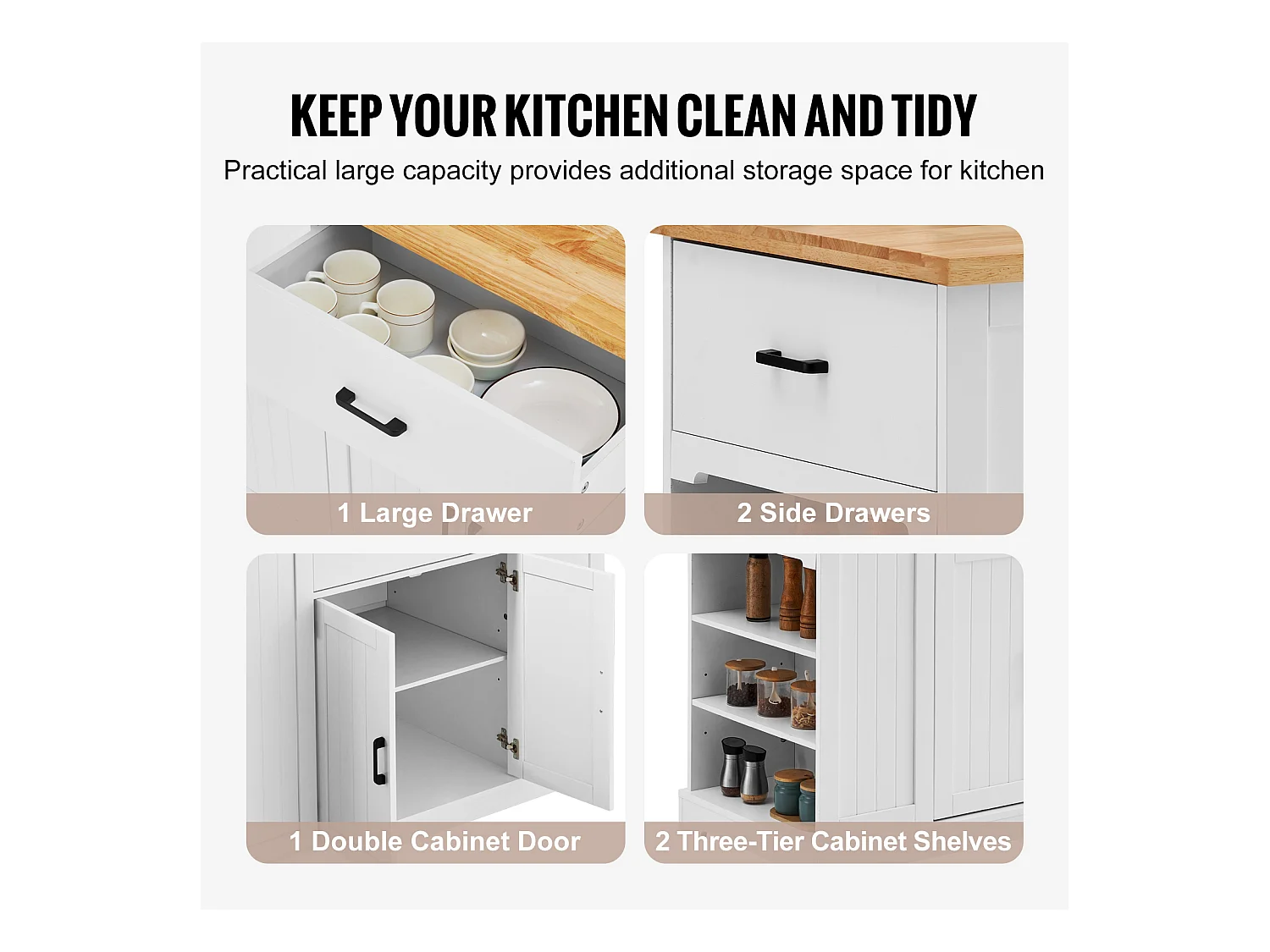 Ilot central de cuisine, Cabinet de Rangement avec Tiroir et Étagères, Blanc