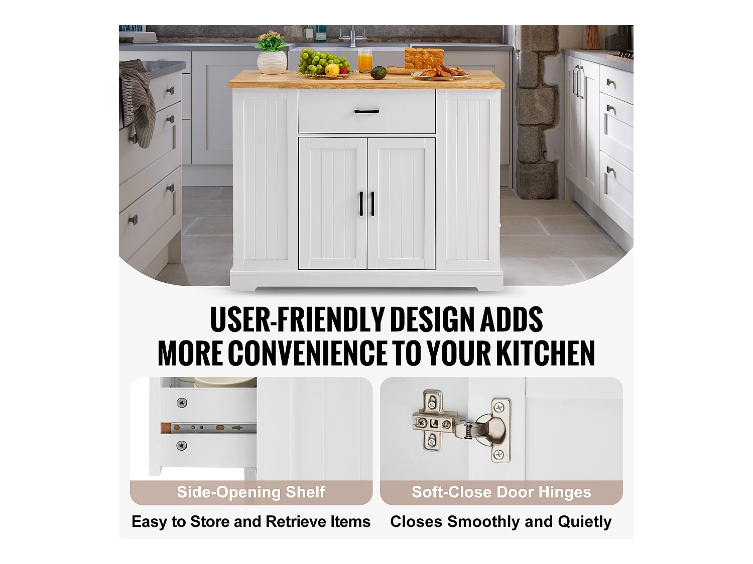 Ilot central de cuisine, Cabinet de Rangement avec Tiroir et Étagères, Blanc