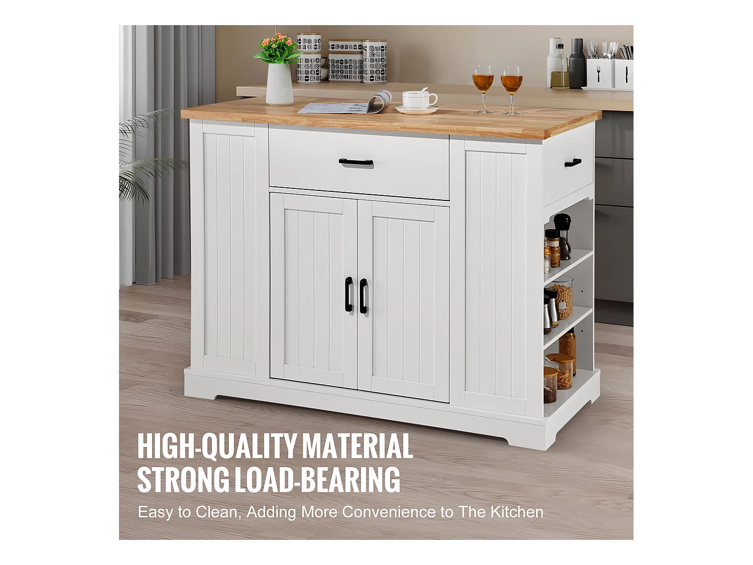 Ilot central de cuisine, Cabinet de Rangement avec Tiroir et Étagères, Blanc