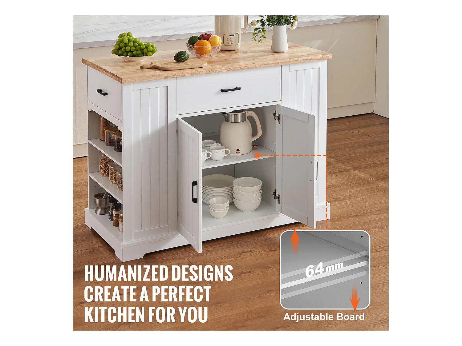 Ilot central de cuisine, Cabinet de Rangement avec Tiroir et Étagères, Blanc