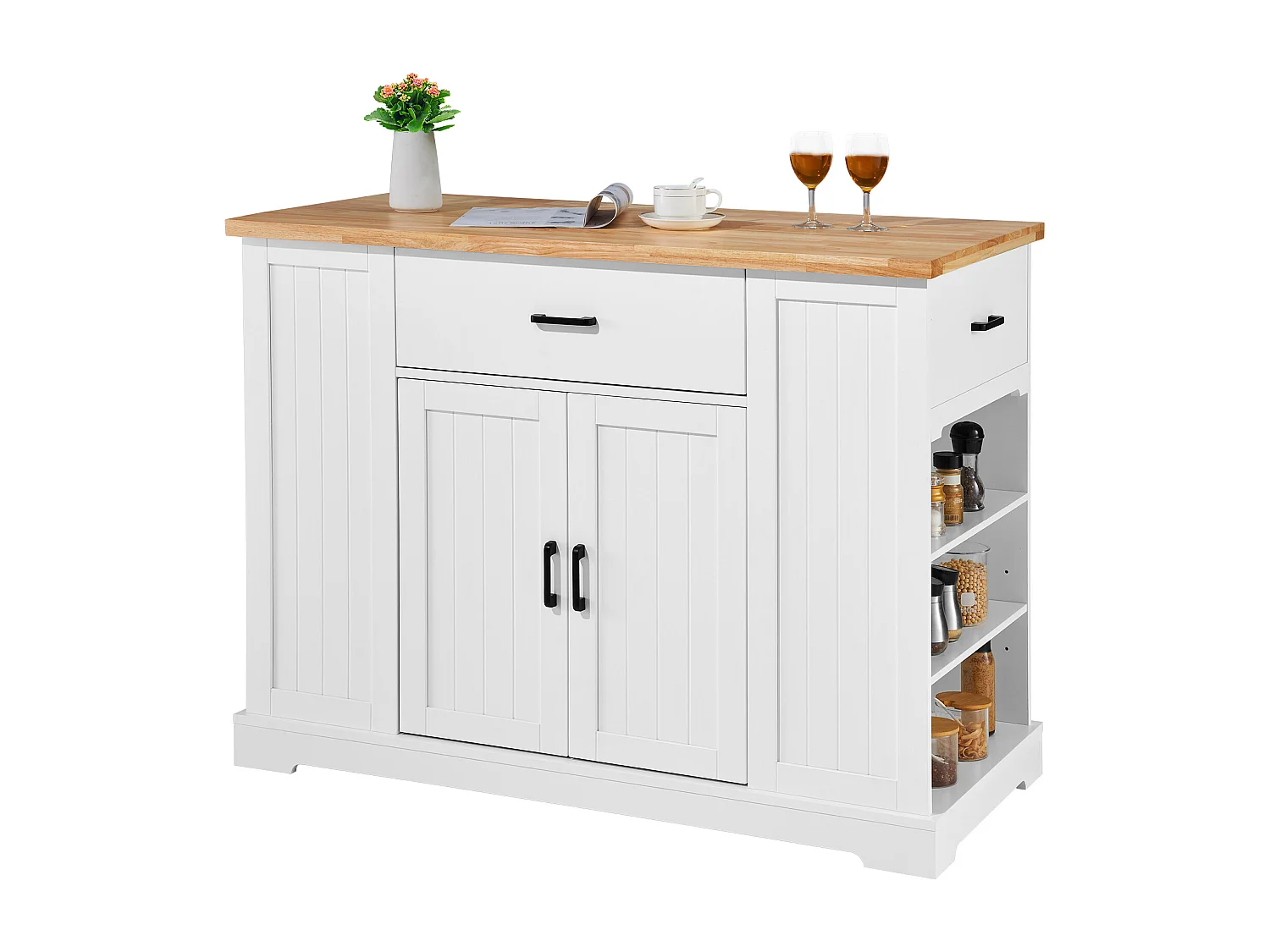 Ilot central de cuisine, Cabinet de Rangement avec Tiroir et Étagères, Blanc