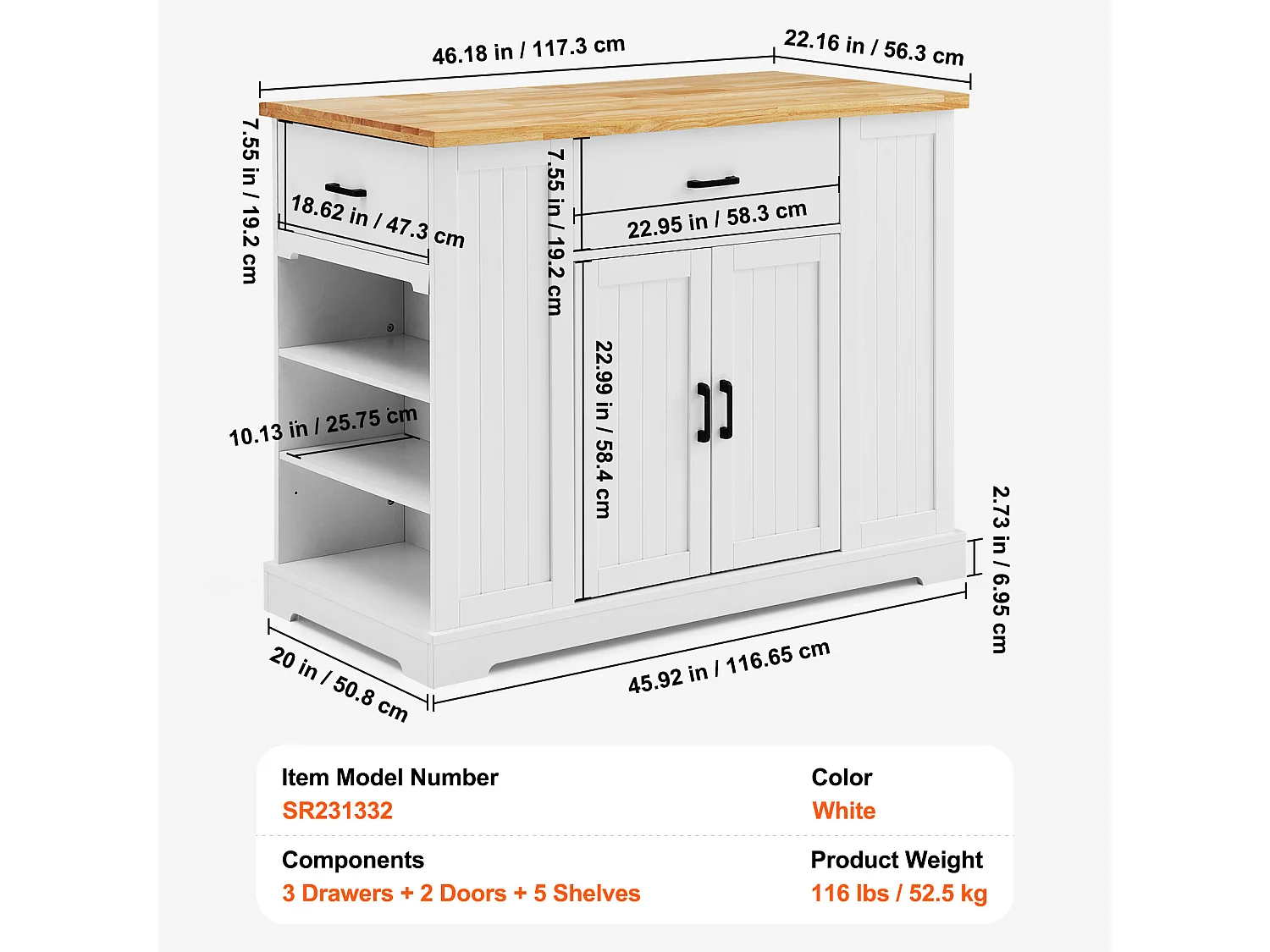 Ilot central de cuisine, Cabinet de Rangement avec Tiroir et Étagères, Blanc