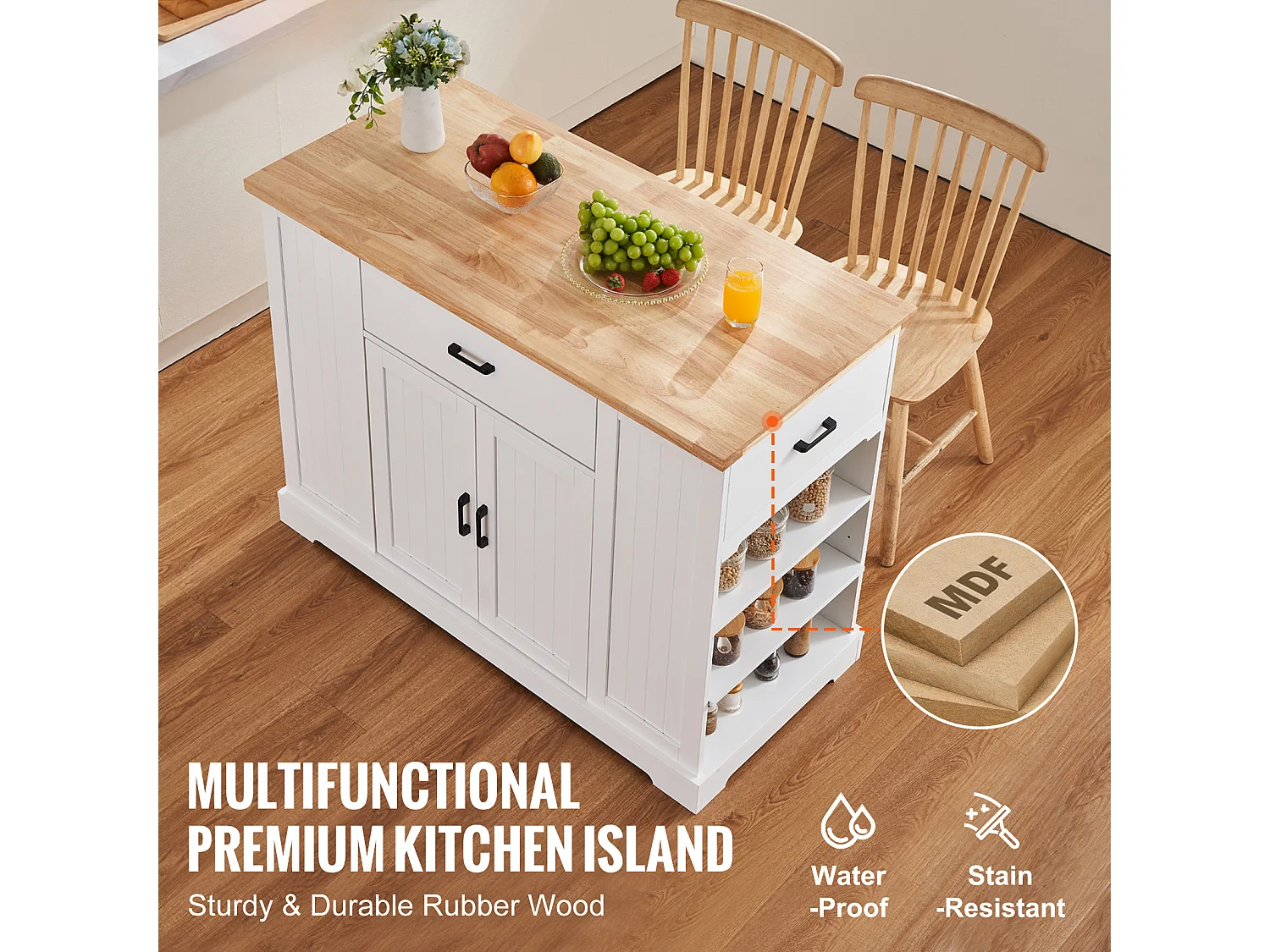 Ilot central de cuisine, Cabinet de Rangement avec Tiroir et Étagères, Blanc