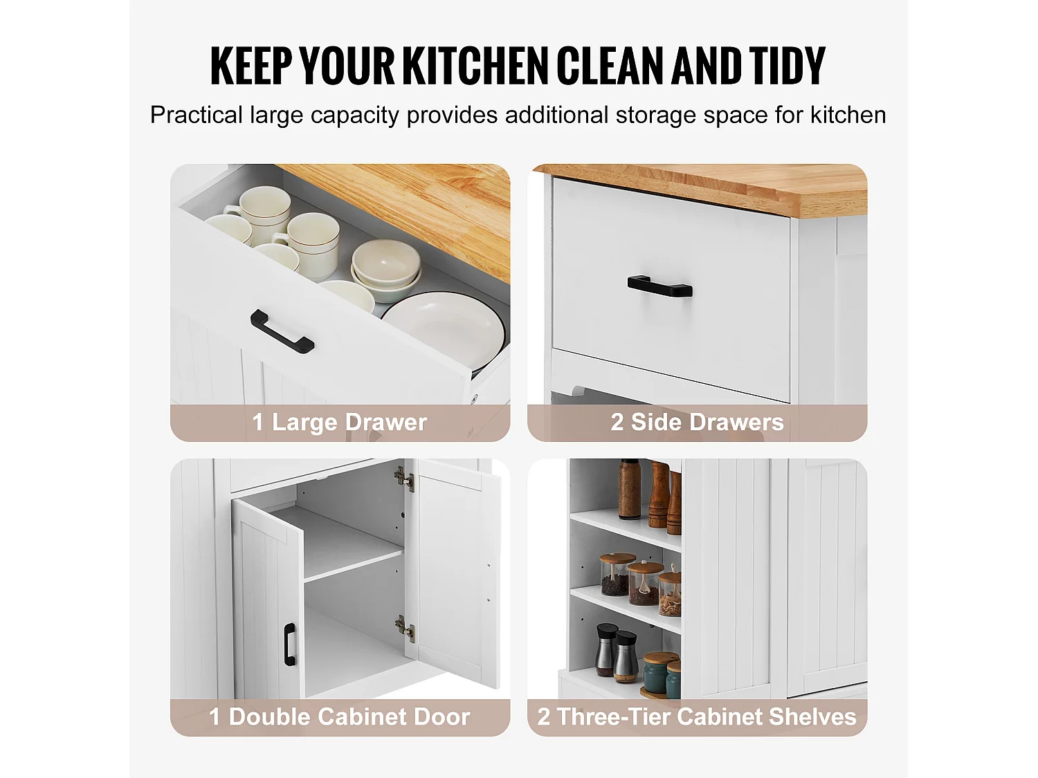 Ilot central de cuisine, Cabinet de Rangement avec Tiroir et Étagères, Blanc