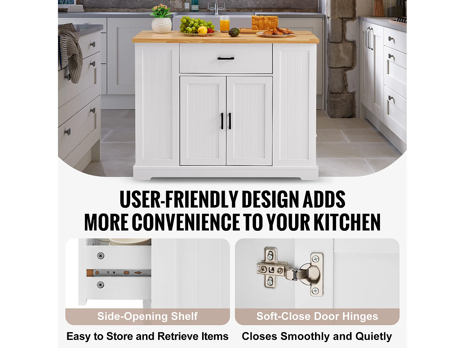 Ilot central de cuisine, Cabinet de Rangement avec Tiroir et Étagères, Blanc