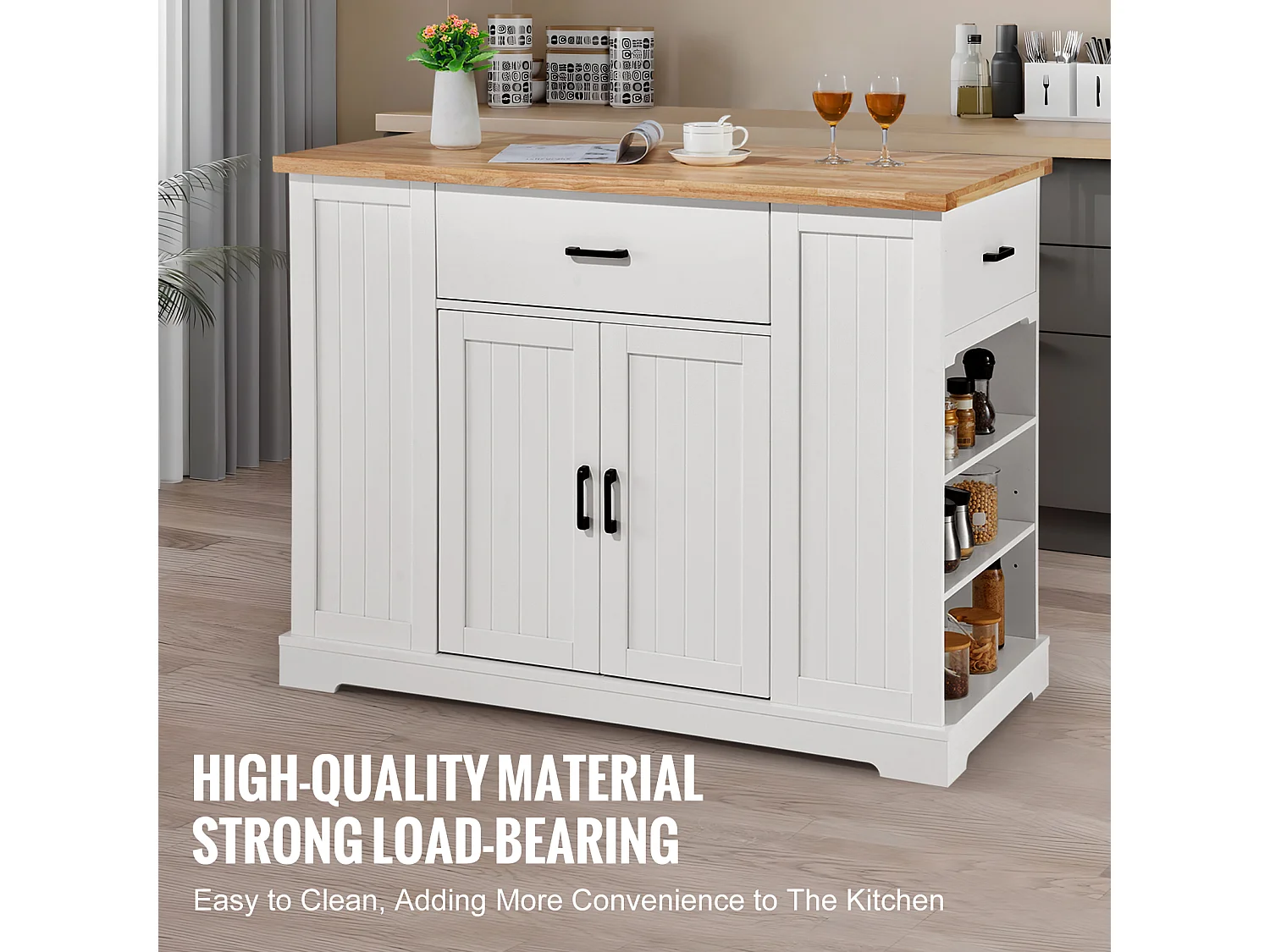 Ilot central de cuisine, Cabinet de Rangement avec Tiroir et Étagères, Blanc