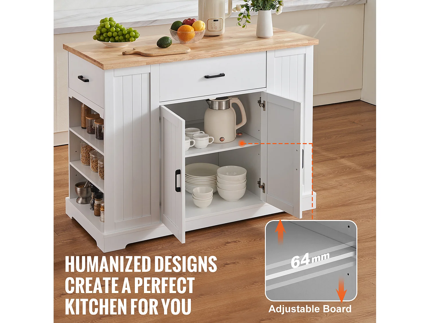 Ilot central de cuisine, Cabinet de Rangement avec Tiroir et Étagères, Blanc