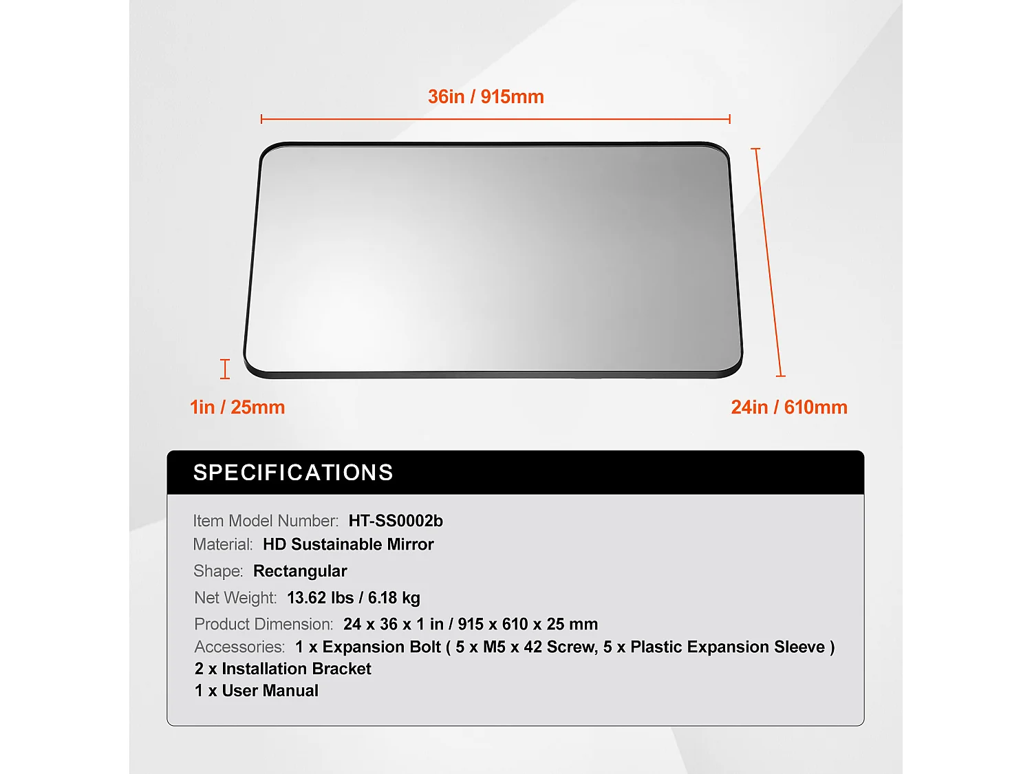 Espejo Rectangular de Pared SucceBuy de 91,5 x 61 CM con Marco de Aluminio