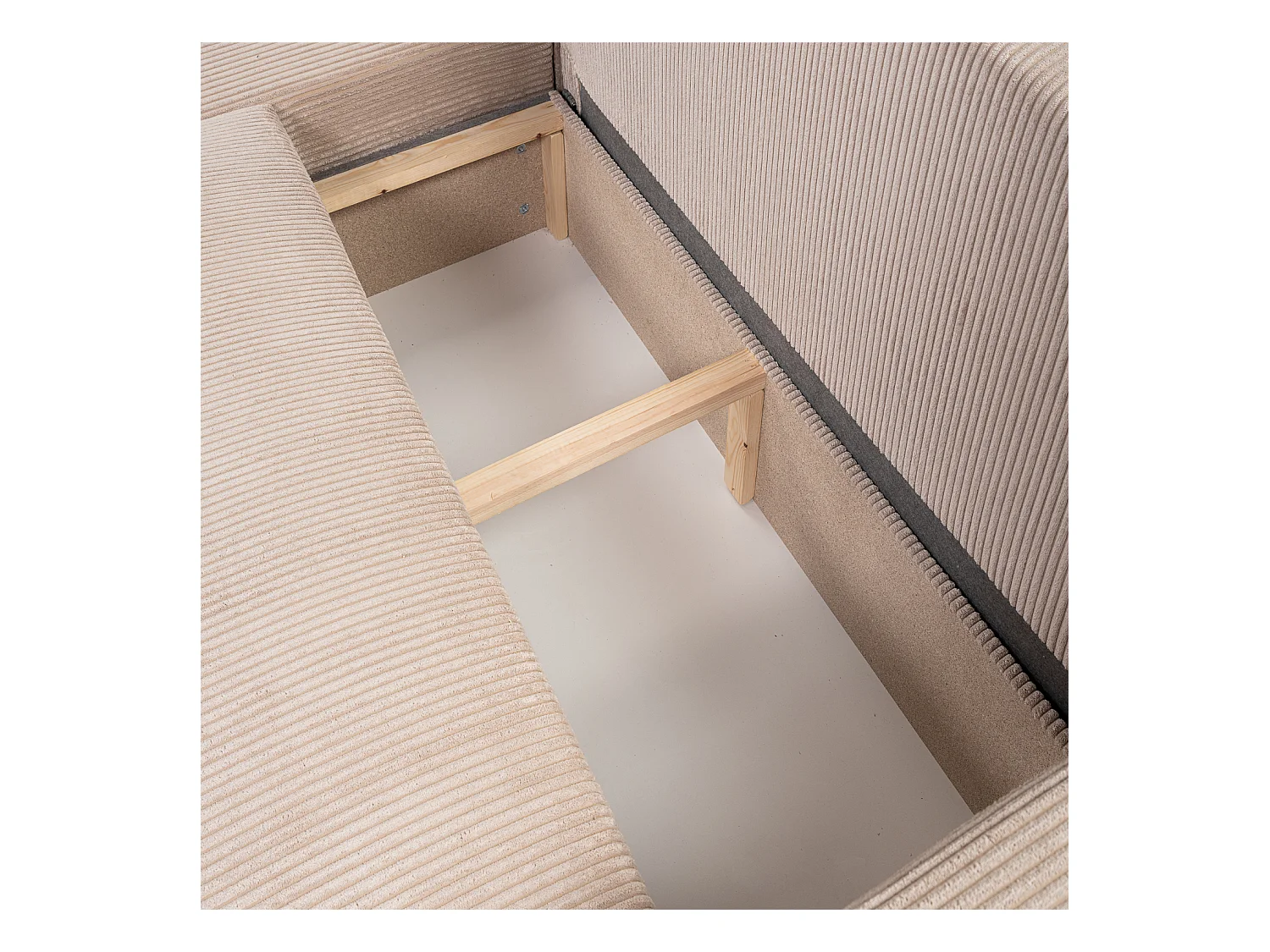 Canapé d'angle GOYA convertible réversible 244 cm coffre de rangement tissu velours côtelé beige