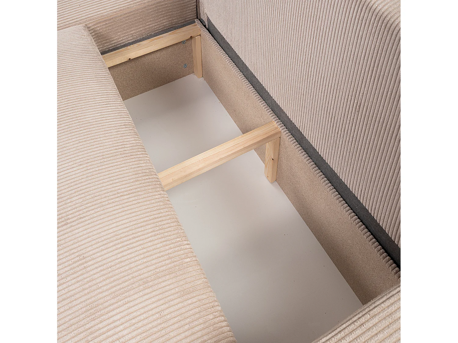 Canapé d'angle GOYA convertible réversible 244 cm coffre de rangement tissu velours côtelé beige