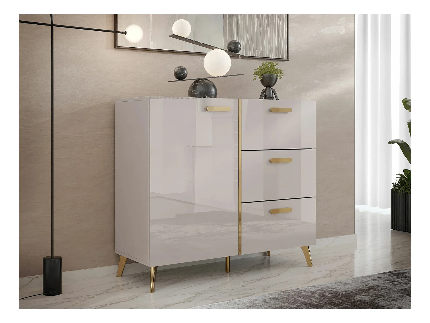 Cómoda Comfivo Teslomo 108, Dorado|Cachemira brillante|Cachemira, Con cajones y puertas,