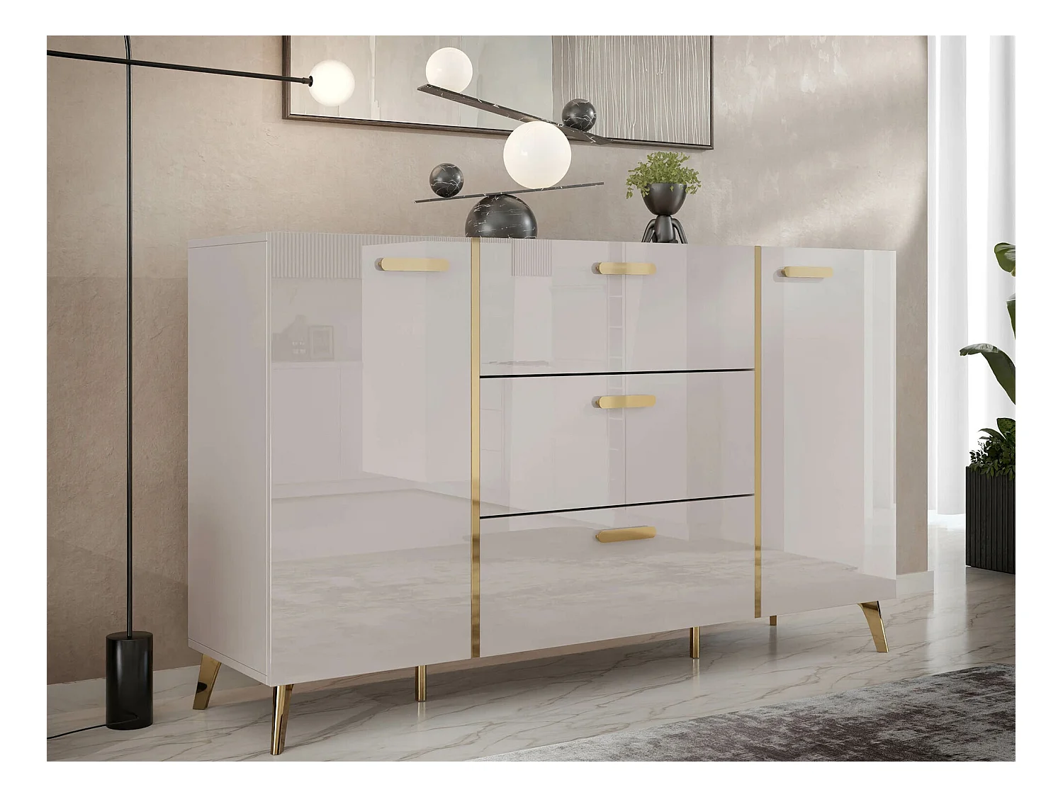 Commode Comfivo Teslomo 109, Cachemire Brillant|Cachemire|Doré, Avec tiroirs et portes,