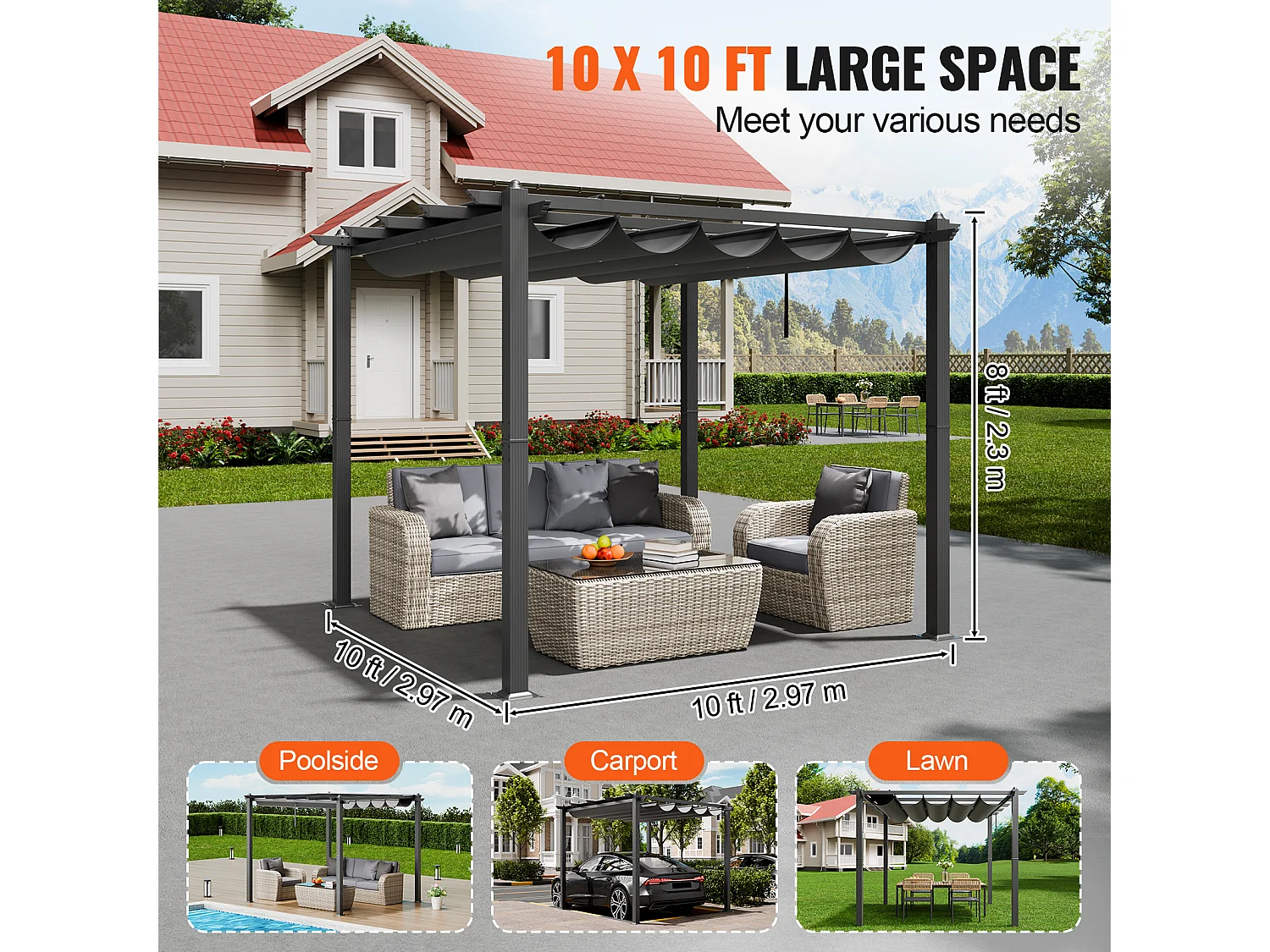 305 cm x 305 cm Intrekbare Buitenpergola SucceBuy Grijs