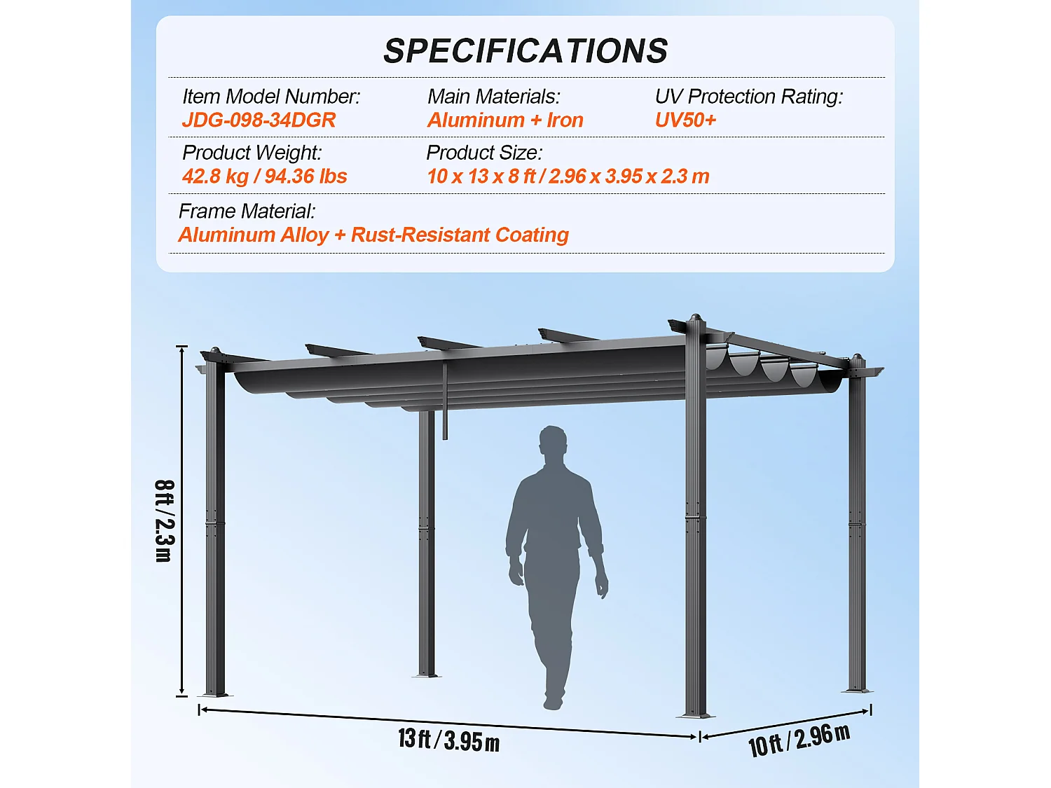 Pergola Extérieure Rétractable 305 cm x 396 cm SucceBuy Gris