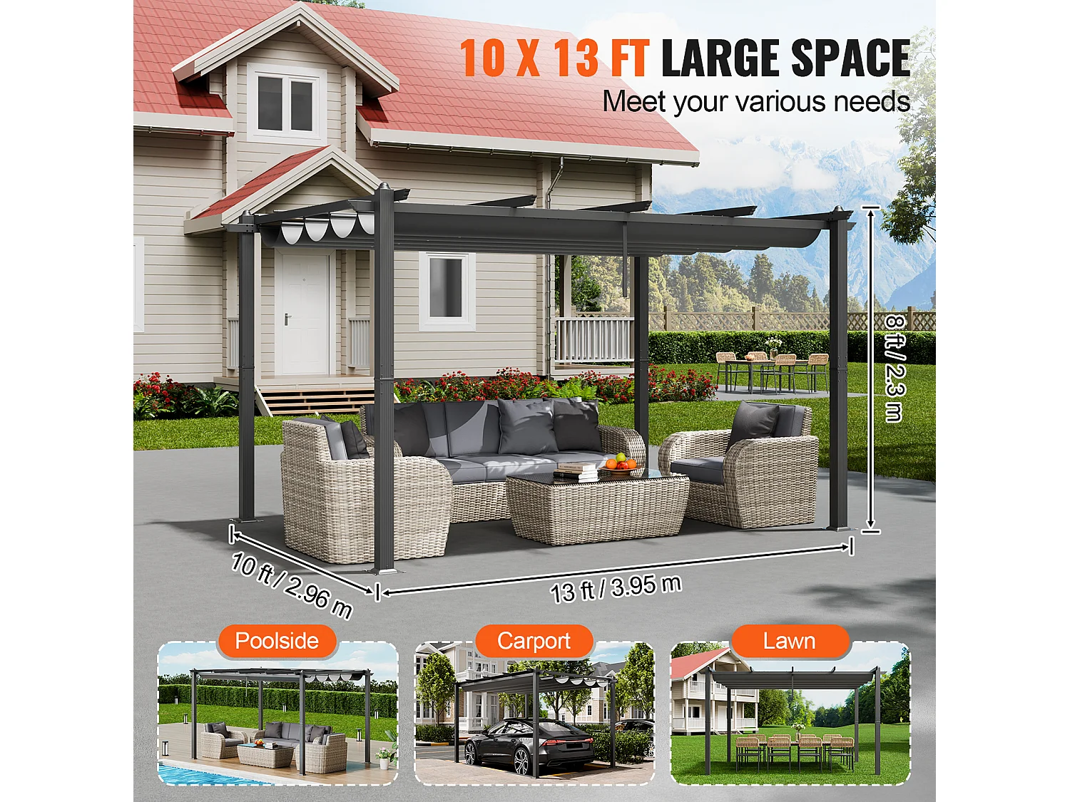 Pergola Extérieure Rétractable 305 cm x 396 cm SucceBuy Gris