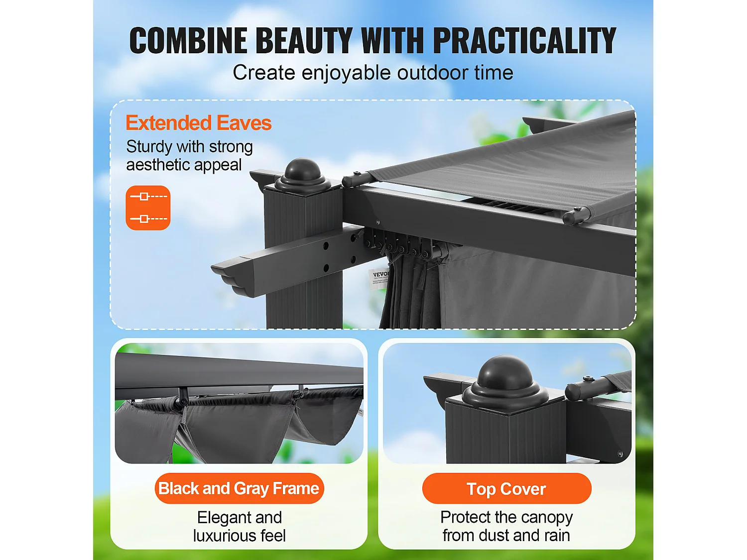 Pergola Extérieure Rétractable 305 cm x 396 cm SucceBuy Gris